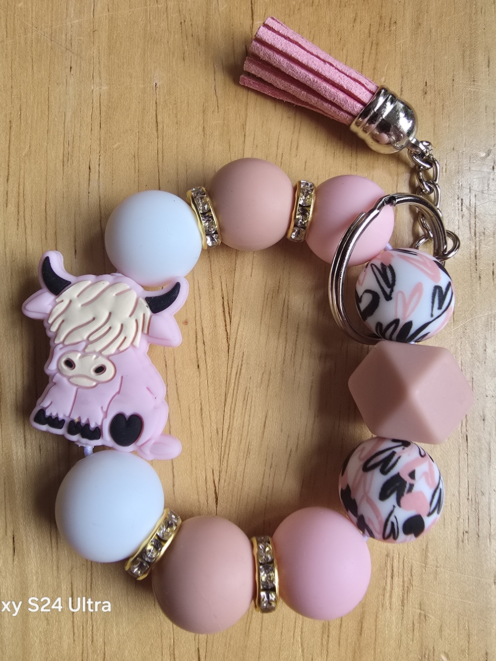 Pink Highland Cow Wristlet Keychain